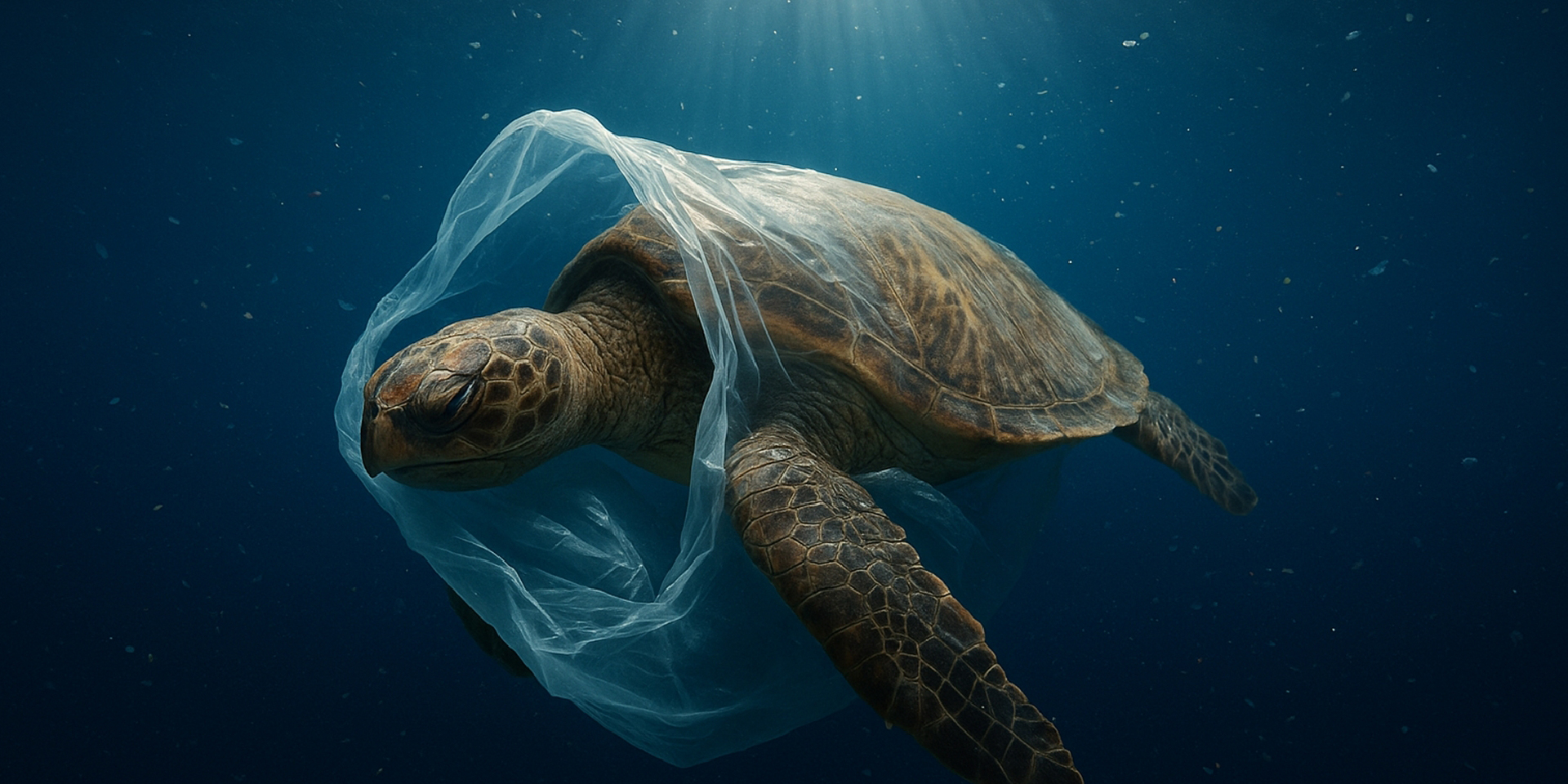Sea turtle near plastic debris underwater